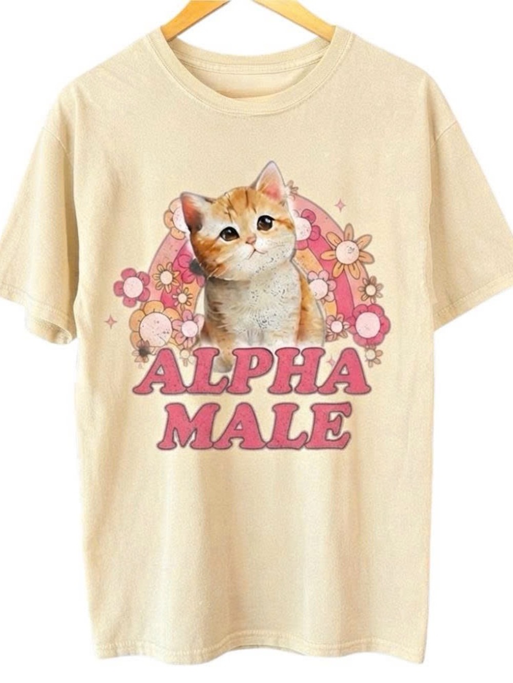 Alpha Male Cat Graphic Tee - Cream with Pink Design